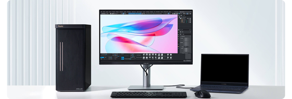 ASUS ProArt PA27JCV 27inch connected to laptop and PC on white desk