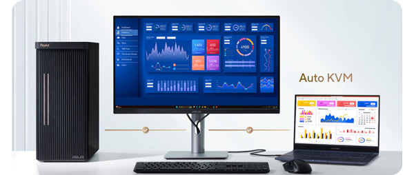 Desktop and laptop computers connected to ASUS ProArt PA27JCV 27inch 5K monitor