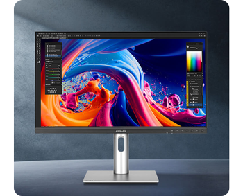 ASUS PA27JCV showing AI generated multi-coloured wave in adobe photoshop