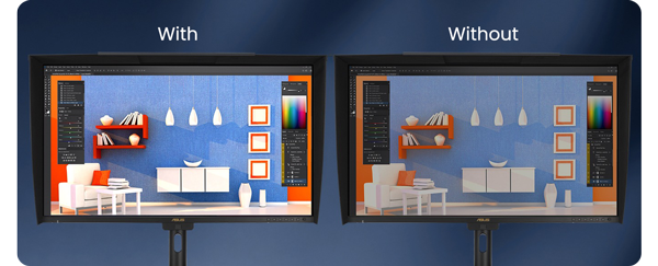 side by side comparison of ProArt pa27ucge with and without ambient light sensor active