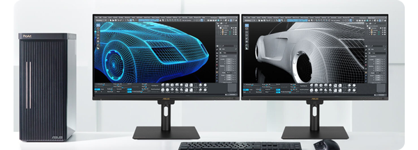 Two ASUS ProArt Monitors and workstations with 3D modelling software open on white table