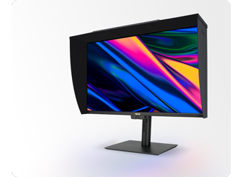 ASUS ProArt pa27ucge with monitor hood on white background