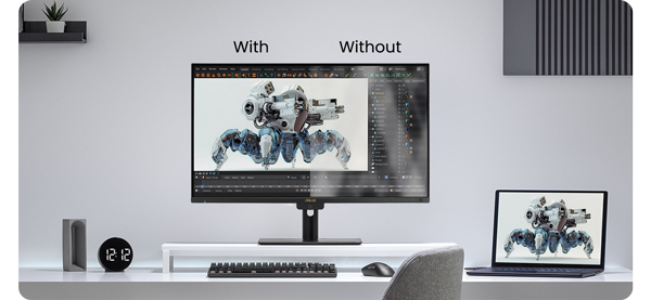 ASUS ProArt pa27ucge on minimalist desk showing LuxPixel active