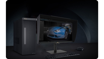 ProArt Workstation and Monitor rendering 3D model of blue car