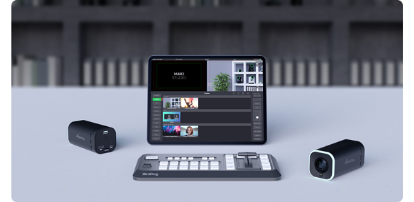 BirdDog Maki Live cameras and Studio with apple iPad sitting on home office desk infront of shelving