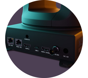 close up photograph of BirdDog X5 Ultra PTZ camera output connectivity including HDMI, 12G-SDI and PoE+