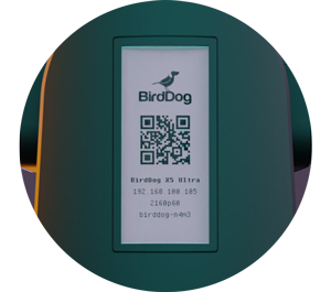 image of BirdDog X5 Ultra side E-ink display showing QR code and network information for PTZ camera
