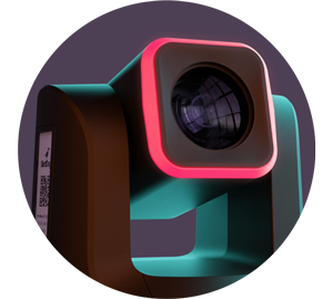 Ciruclar image of BirdDog X5 Ultra PTZ camera lens with red tally light activated