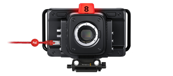 front view of the blackmagic studio camera 4k pro g2 with POE cable connected