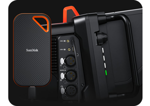 sandisk storage connected to the blackmagic studio camera 4k pro g2