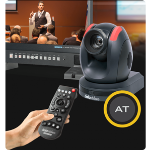 image of person holding datavideo RMC-1AT PZT controller infront of PTZ camera