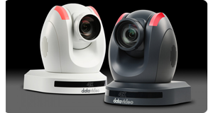 image of white and black datavideo PTC-285G PTZ Cameras on black and grey gradient background