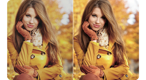split screen photograph of woman wearing yellow jacket standing in front of autumn leaves
