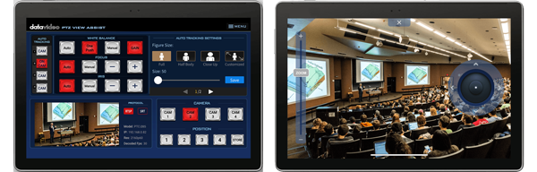 two tablet computers that show Datavideo PTZ camera controls