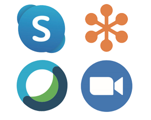 skype, go to meeting, webex, zoom logos