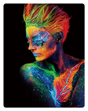example image from teh video switcher of a woman in different colours of uv paint