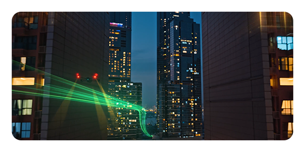 DJI Mavic 4 Pro drone flying a long a set path in a city