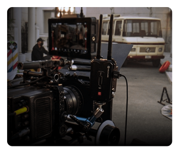 example setup for the wireless hdmi transmitter and receivers in use on a set