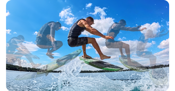 Image of wakeboarder jumping on waves showing slow motion footage
