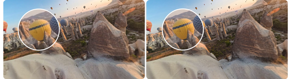 Split screen comparitive images of hot air balloon festival flying over desert landscape