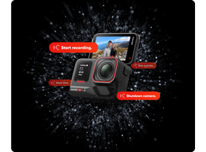 insta360 Ace Pro 2 on black background surrounded by voice control commands