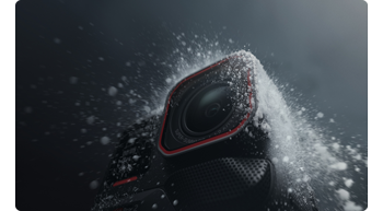 Insta360 Ace Pro 2 splashed with snow on black background
