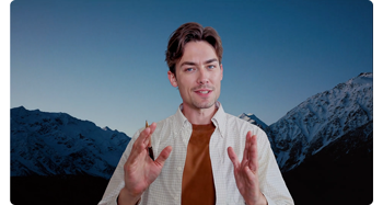image of man on video call with background replacement of mountain scene