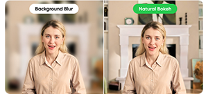 split image comparison of business woman working from home with background blur on from webcam and link 2