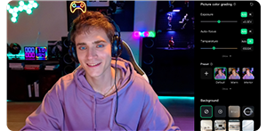 image of live streamer sitting infront of vibrant rgb background with software window open