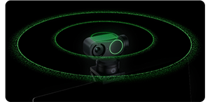 Illustration of insta360 link 2 camera on black background with Green soundwaves
