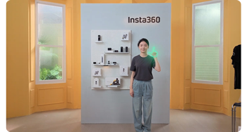 image of woman holding hand in L shape standing infront of insta360 product display