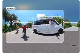360 video preview showing different perspectives of kids riding bikes along side moving van