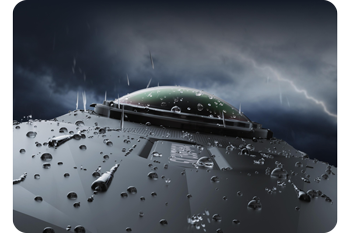 Render of insta360 X5 camera in rain storm covered in water droplets