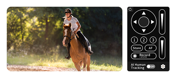 image showing a woman on a horse taken with the obsbot talent with the remote control interface at the side