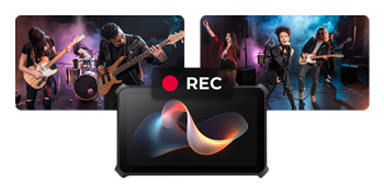 front view of the obsbot talent with a record button and sample images