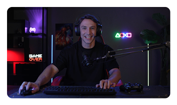 a video games streamer using the OBSBOT Tiny 2 Lite 4K webcam