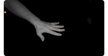 greyscale image preview from optitrack camera showing duplex mode with markerless tracking of persons hand on black background