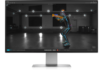 Skeletal motion tracking of person walking through scene with rifle tracked for video game motion capture