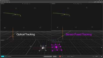OptiTrack Motive Software window comparison showing optical tracking vs sensor fused tracking data