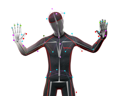 rendered human model with motion tracking skeleton overlay