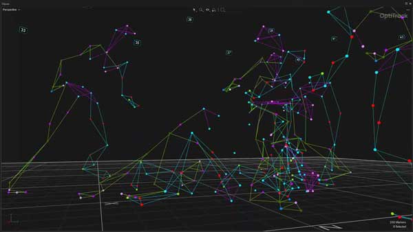 OptiTrack Motive software window showing Skeleton motion tracking showing multiple people