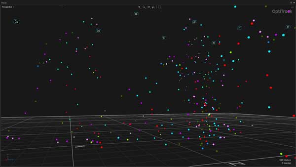 OptiTrack Motive software window showing tracking dots active on multiple people
