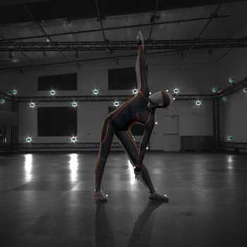 Greyscale image of human character wearing motion tracking suit in tracking environment
