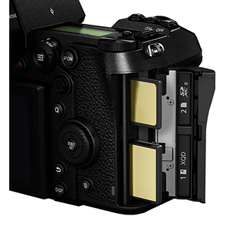 Rear of Panasonic S1RM with card slots open