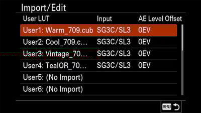 Sony FX2 import luts interface