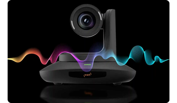 Vizrt PTZ3 PLUS camera on black background with rgb waveform