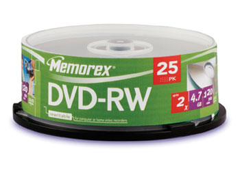25pcs Cakebox Memorex 854612-25 4.7GB DVD-RW 2x Single Layer Branded 120min