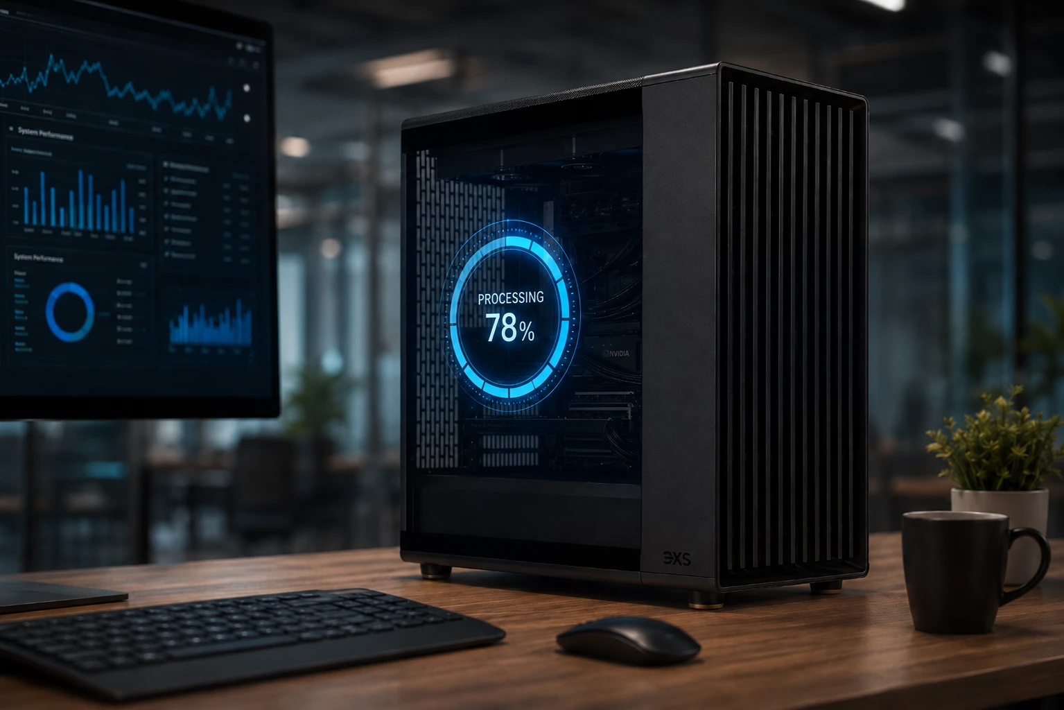Workstation computer with a digital processing interface and animated data streams representing AI workloads.