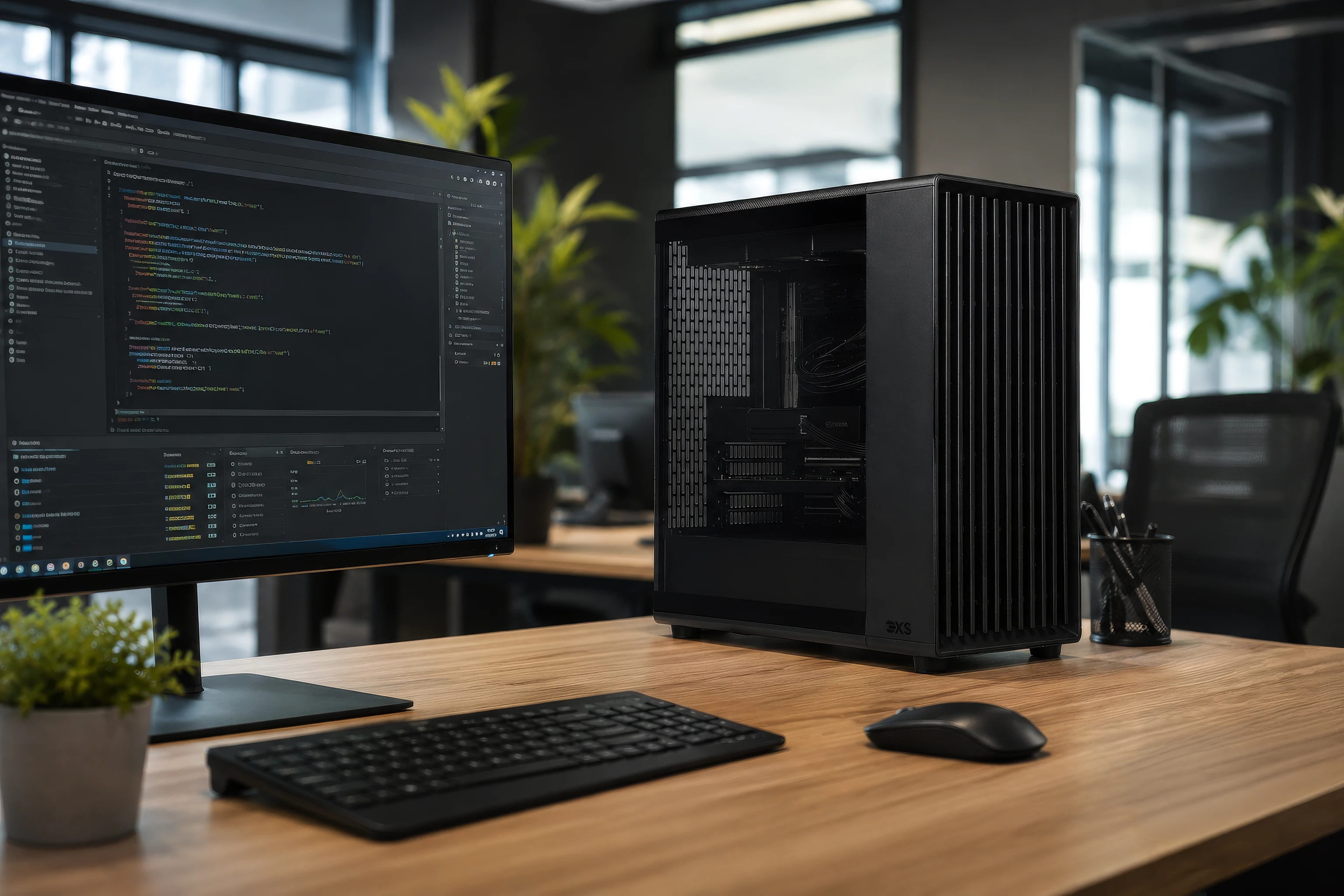 High-performance workstation computer on a modern office desk beside a monitor displaying code.
