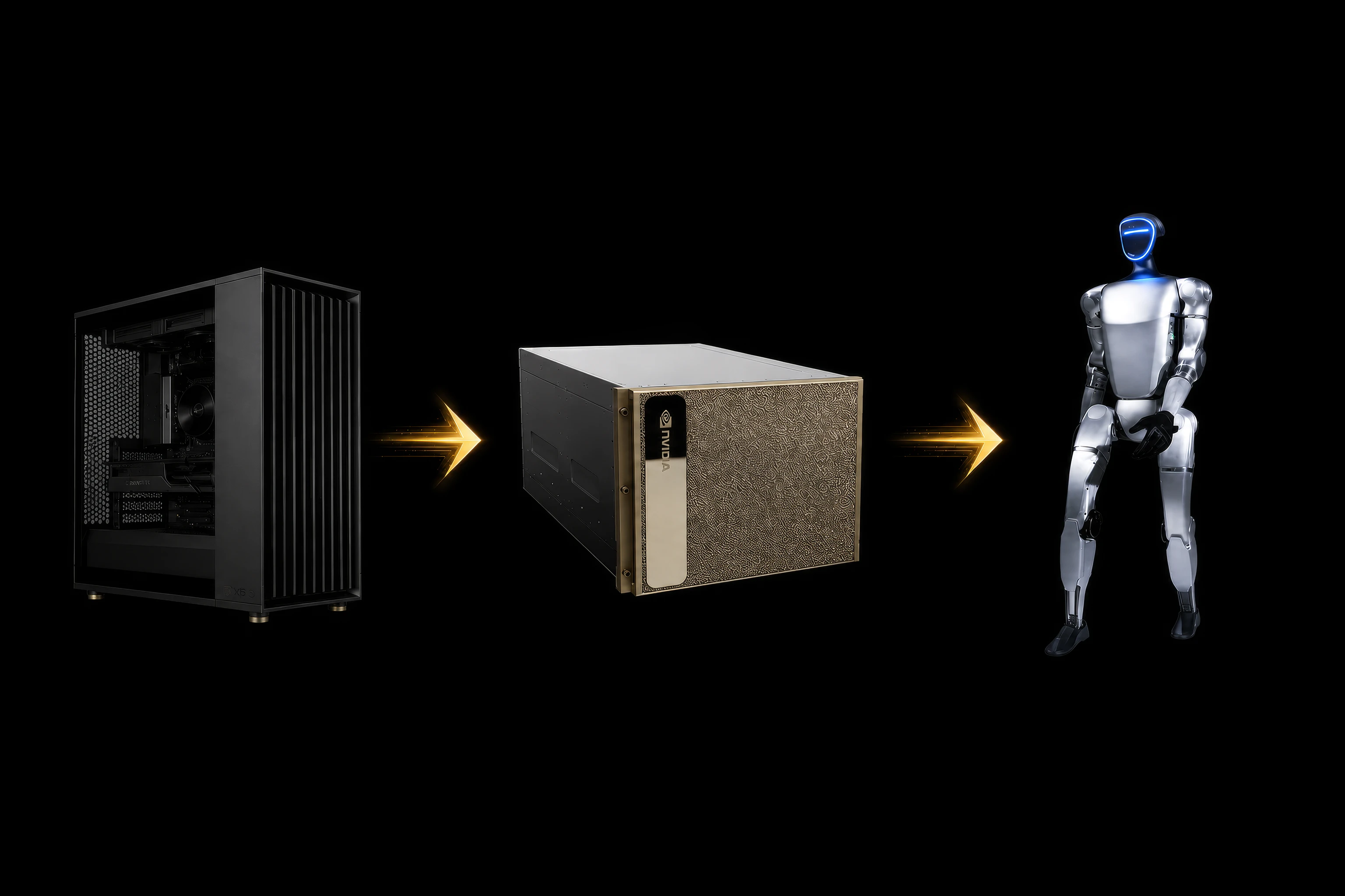 Upgrade path from an AI workstation to an enterprise AI server and humanoid robot connected by arrows.
